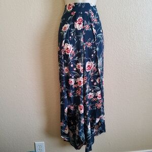 Band of Gypsies Boho Floral Pull On Pleated Open Front Wide Leg Pants L Blue New